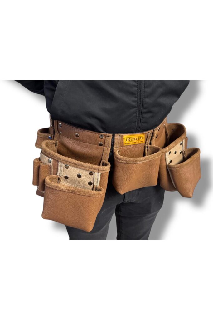 Functional five-compartment leather nail apron light brown – İkizderi