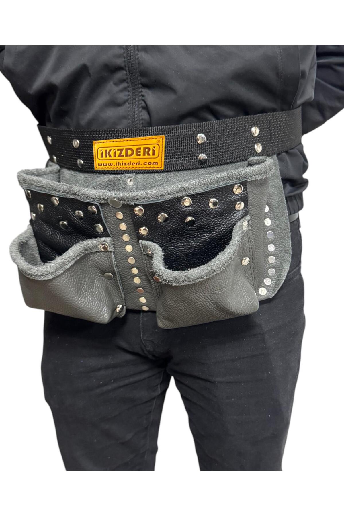 Four-Compartment Genuine Leather Nail Apron Grey-Black – İkizderi