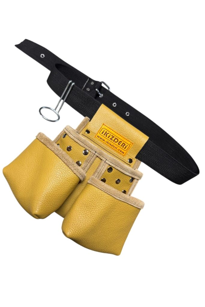 Three-compartment multipurpose leather tool apron yellow – İkizderi