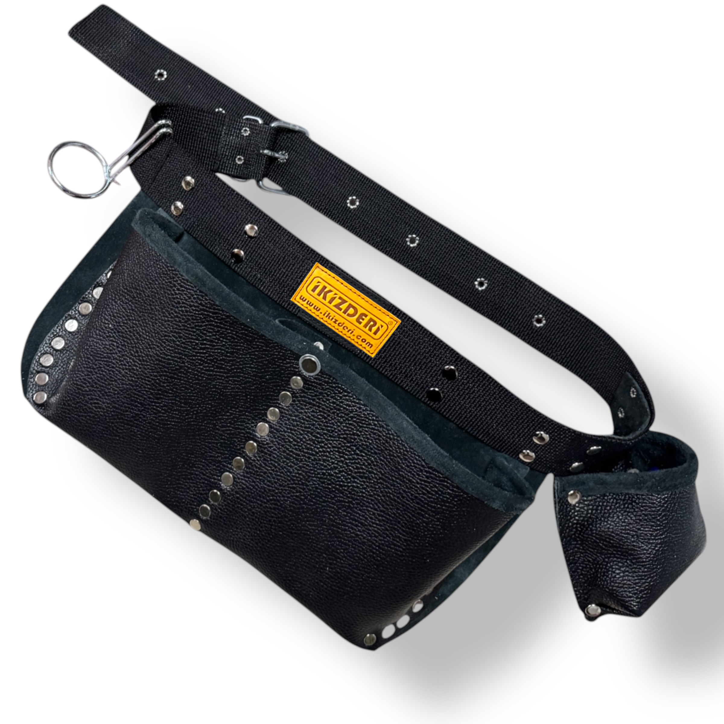 Tape-Measure-Pocket Black Leather Nail Apron side view – İkizderi