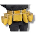 Five-Compartment Genuine Leather Nail Apron hand-stitching and rivet detail – İkizderi