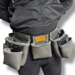 Functional 5-Pocket Leather Master Apron Grey-Black hand-stitching and rivet detail – İkizderi