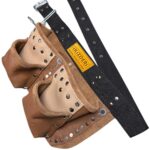 Four-Compartment Genuine Leather Nail Apron Brown-Beige hand-stitching and rivet detail – İkizderi