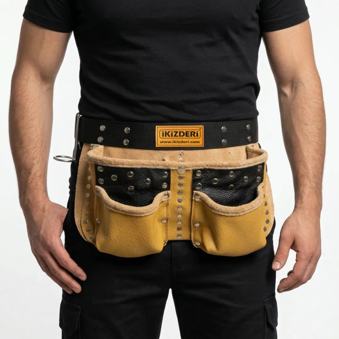 Genuine Leather 4-Pocket Tool Belt Yellow-Black waist belt and buckle detail – İkizderi