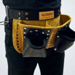 Genuine Leather 4-Pocket Tool Belt Tan-Black waist belt and buckle detail – İkizderi